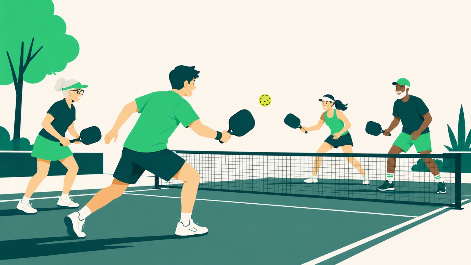 Zdravotné benefity pickleballu - aktívni hráči rôzneho veku na vonkajšom kurte.