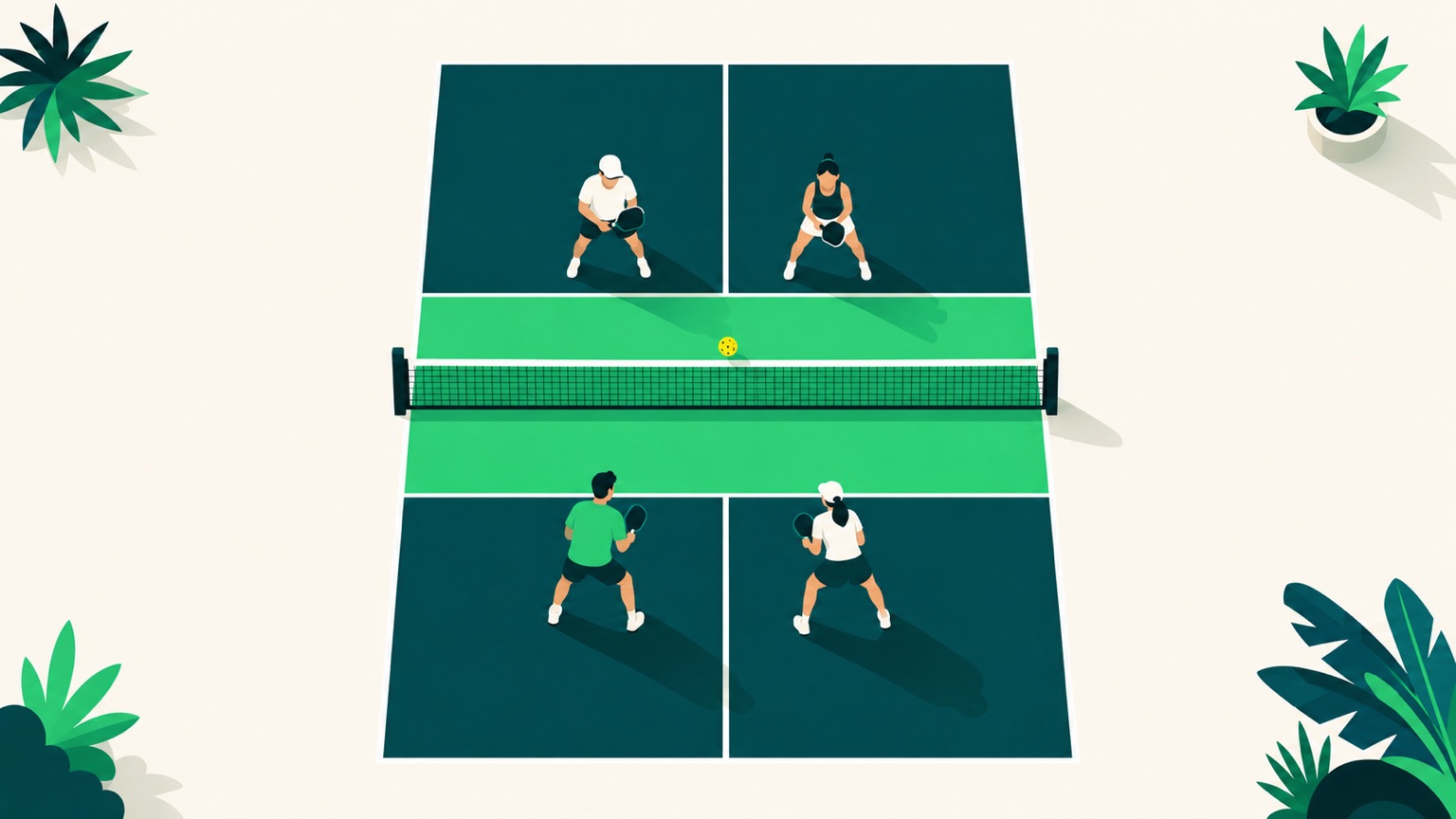 Ilustrácia rozdielu medzi dvojhrou a štvorhrou v pickleballe - pohľad zhora na kurt s rozostavením hráčov.