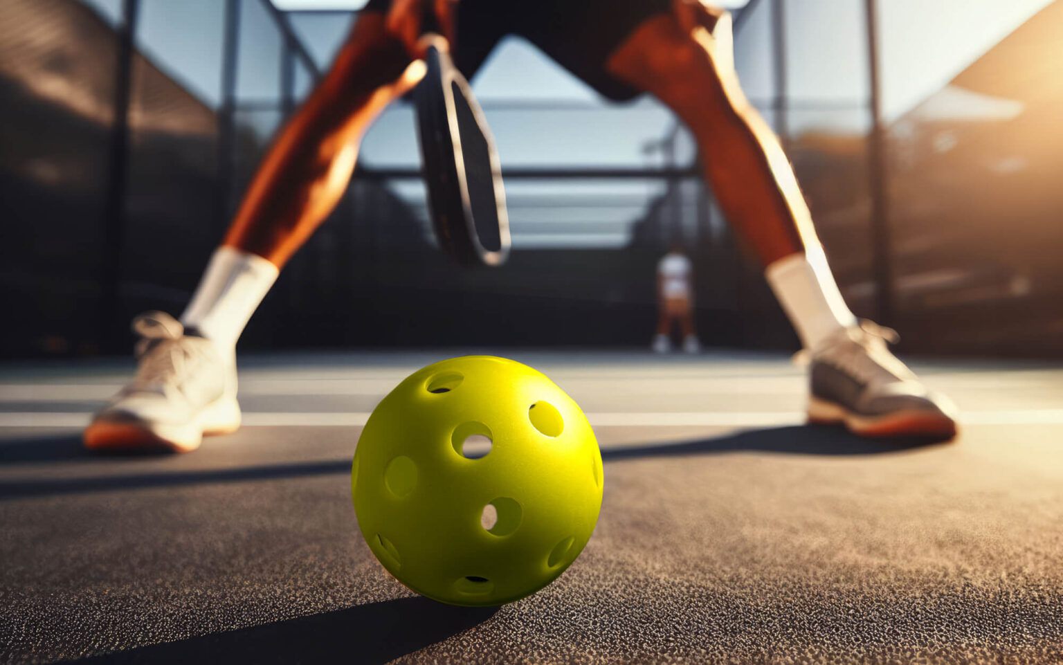 Pickleball — hráč v nízkom postoji s pádlom nad žltou pickleballovou loptičkou na ihrisku.