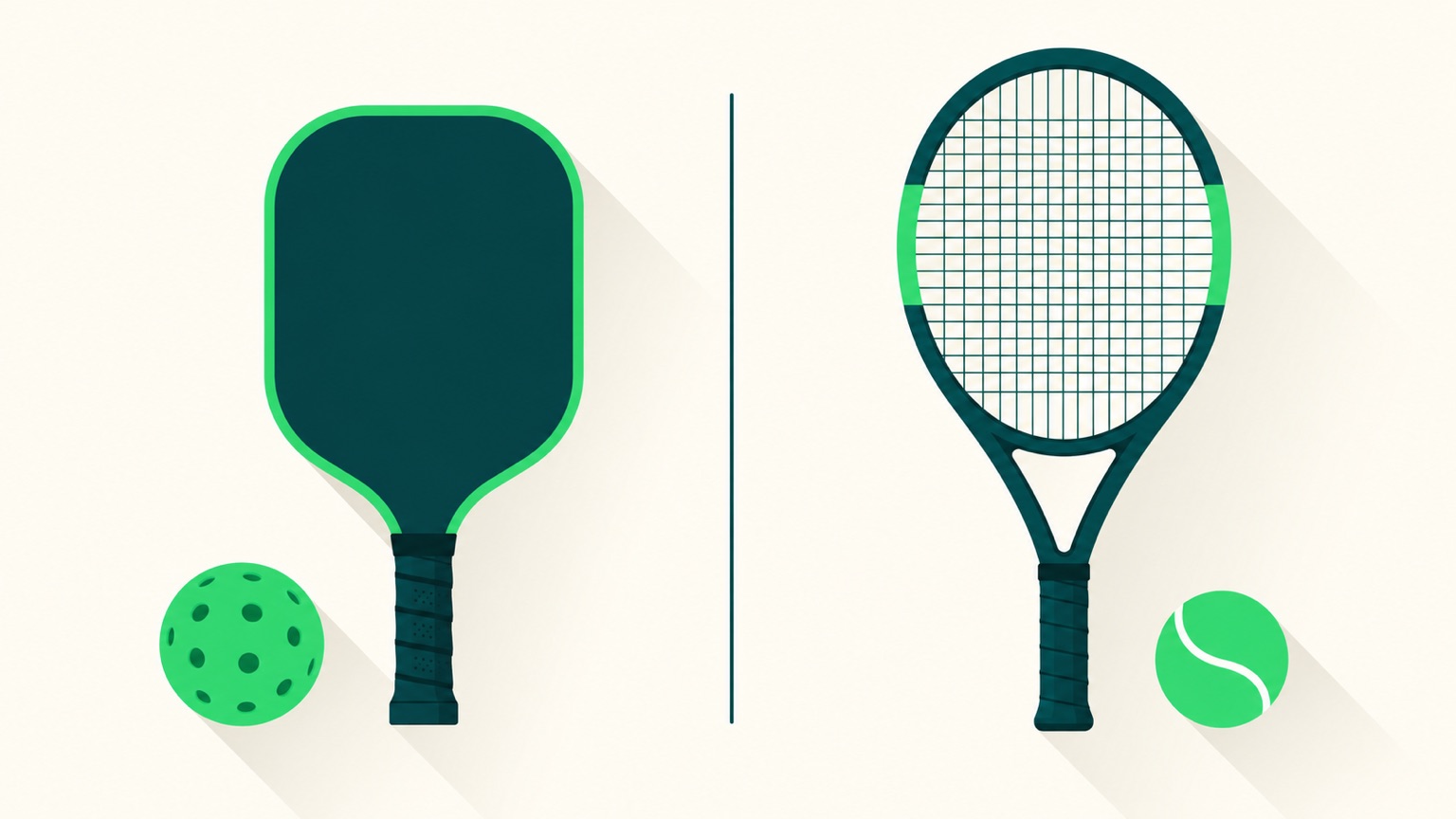 Porovnanie pickleballu a tenisu - pickleballová raketa a plastová loptička vedľa tenisovej rakety a loptičky.