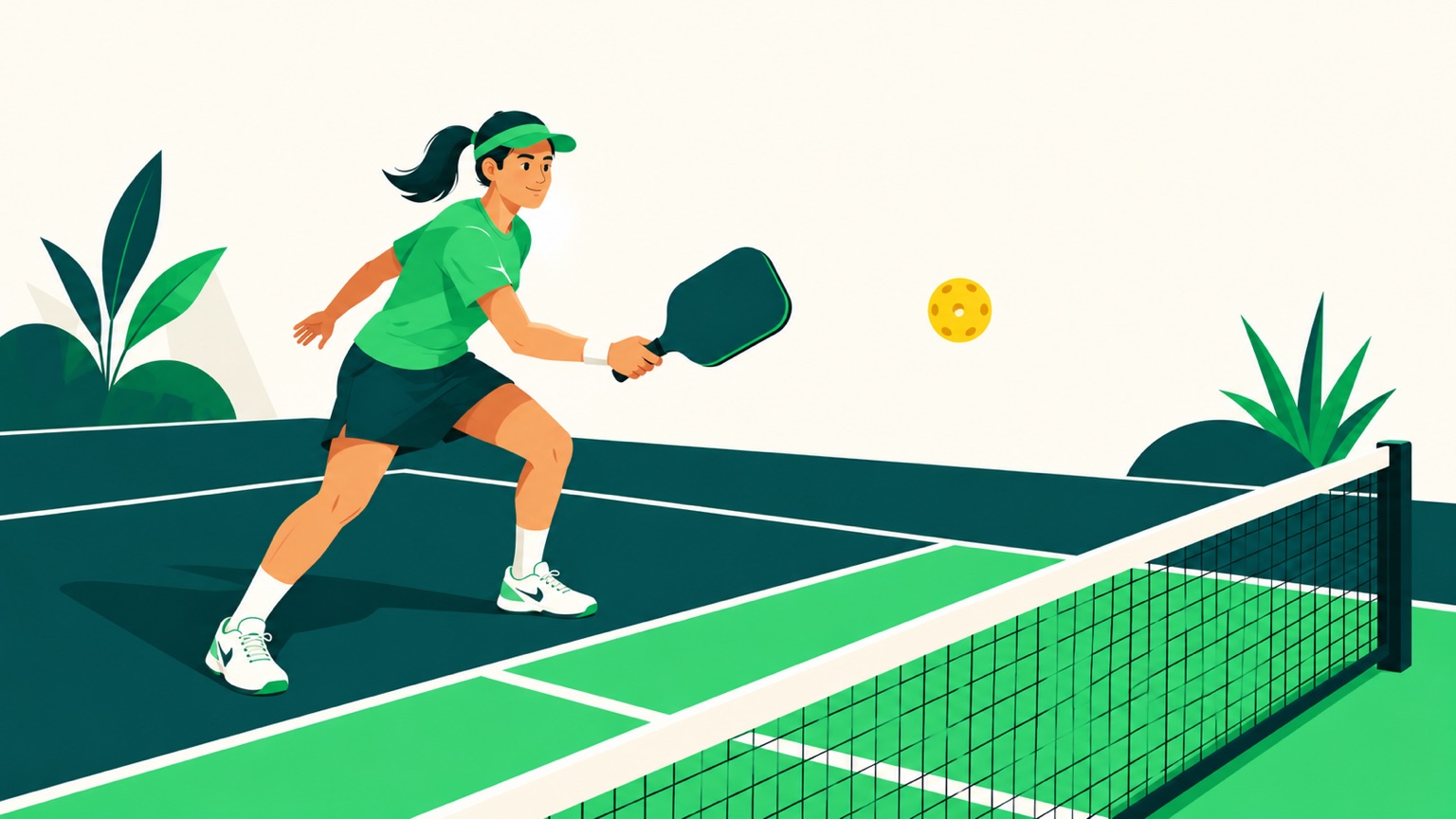 Ilustrácia pravidiel pickleballu - hráč s raketou pri sieti a žltá loptička nad kurtom.