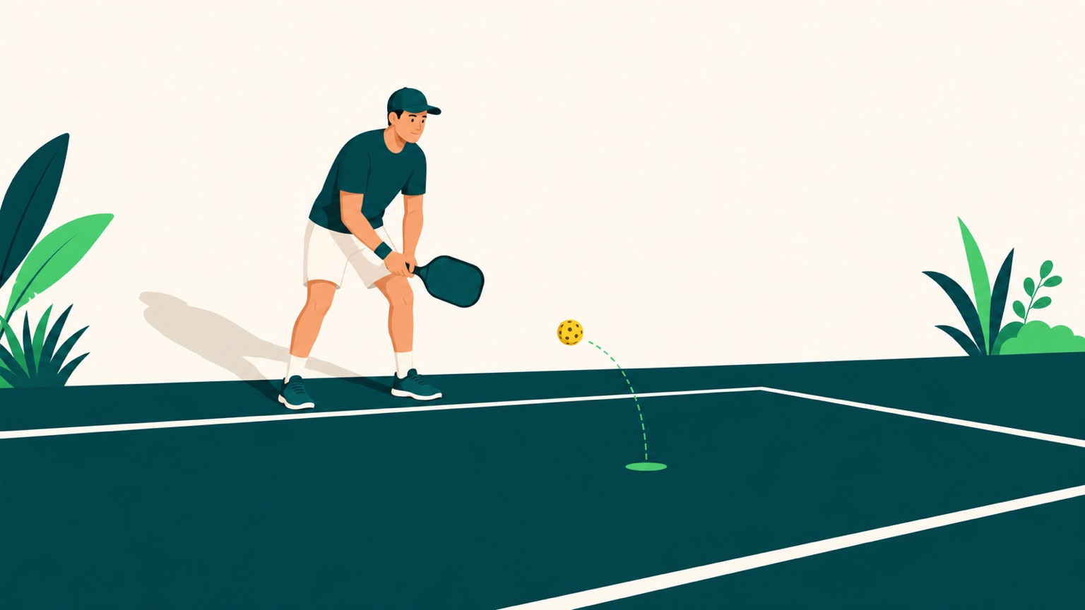 Ilustrácia pravidla dvoch odrazov v pickleballe - hráč pri základnej čiare necháva loptičku odraziť pred úderom.